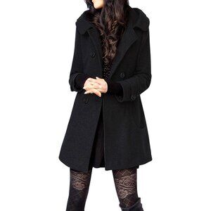 Women's Black Winter Warm Double Breasted Wool Trench Coat Jacket With Hood